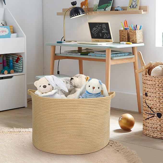 Extra Large Storage Basket, 22" X 22" X 14" Stuffed Animal Basket for Living Room Kids Room, Soft Cotton Rope Bin With Handle, Throw Blanket Storage, Stuffed Animal Toy Organizer Box