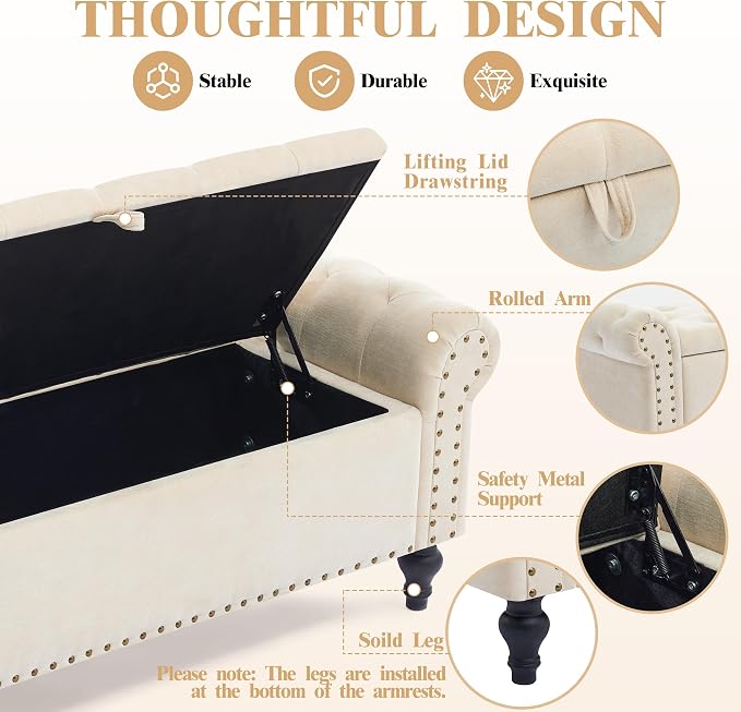 55" Storage Bench for Bedroom, Upholstered Ottoman Bench, Chenille Beige | End of Bed Bench for Bedroom, Window Benches for Living Room, Entryway, Ottoman with Large Storage Space, Pet Friendly