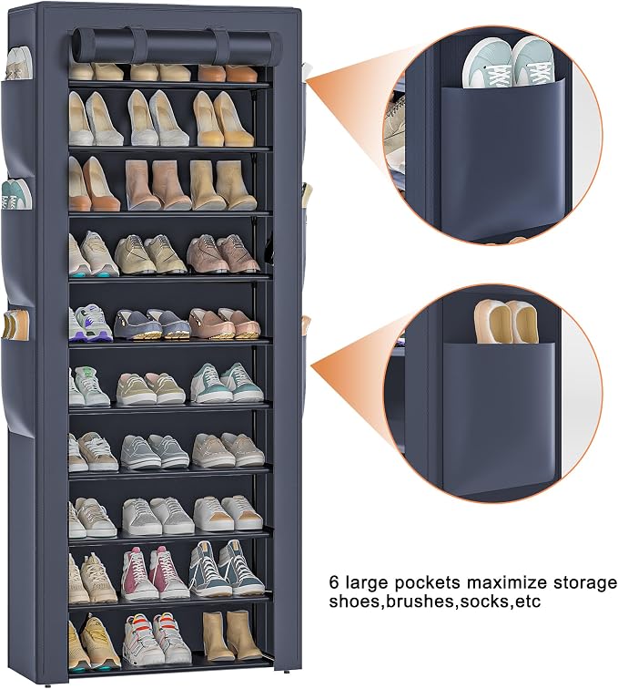 OYREL Shoe Rack Dustproof 10 Tier Tall Large Storage with 6 Storage Pocket | Space Saving Fabric Cover Shoe Organizer Shelf for Closet, Bedroom, Garage, Entryway, Narrow Free Standing Cabinet Holder