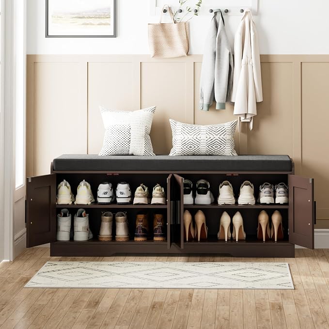 Homleke Shoe Storage Bench, 4 Doors & Thickened Padded Seat Cushion | 2-Tier Shoe Bench, Entryway Bench, Adjustable Shelf, 13.8" D x 45.3" W x 18.5" H, for Living Room, Bedroom, Brown