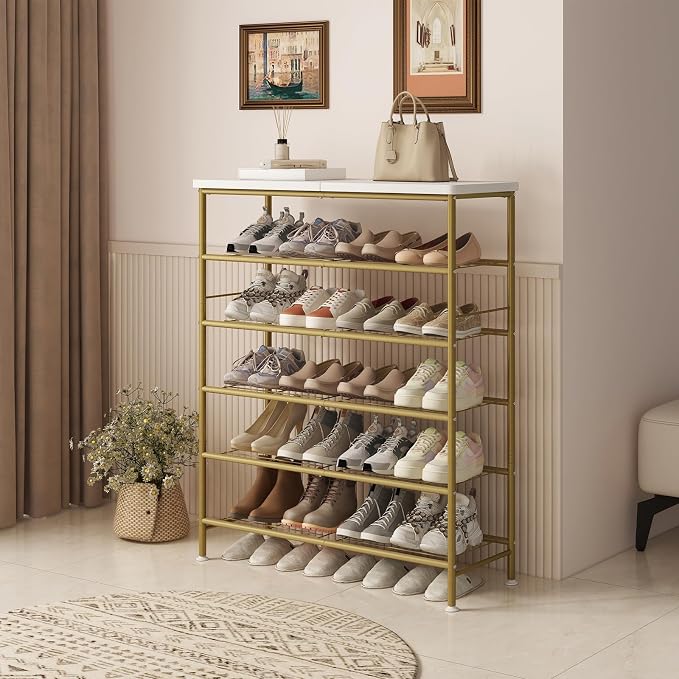 SUOERNUO 6 Tier Shoe Rack Organizer for Closet Shoe Storage for Entryway | Free Standing with MDF Top Board,Sturdy Metal Frame,Ideal for Living Room,Hallway Gold