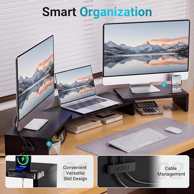 BONTEC Triple Monitor Stand Riser with Smartphone Holder, Black | Adjustable Length & Swivel Angle, Ergonomic Wooden Desktop Organizer for PC Monitor, Laptop, Printer, Large Storage, 53.3 in