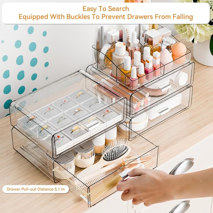 Yieach Clear Acrylic Makeup Organizers Countertop for Dresser,Desk,Bathroom Vanity,5Tier Stackable Make up Holders and Makeup Cabinet,Tiered Cosmetic Storage and Make up Containers for Palette,Brush