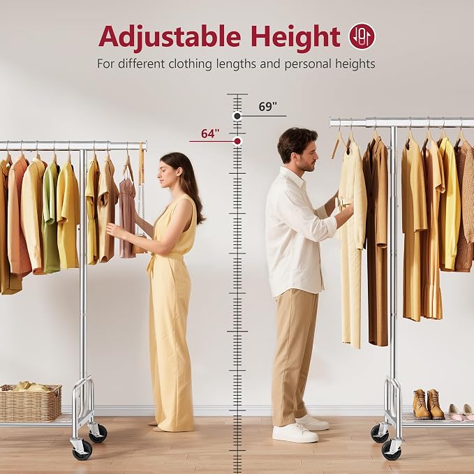 Clothes Rack with Shelf, Rolling Heavy Duty Load 300 LBS, Chrome | Clothing Rack with Extendable Rod and Height Adjustable, Portable Garment Rack for Bedroom, Rental Apartments, Market Stalls