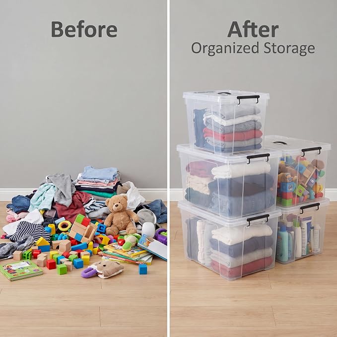 4 Pack 72 QT Plastic Storage Bins with Lids | Clear Stackable Bins with Secure Latches and Handles Heavy-Duty Storage Containers For Home Office and Garage Organization