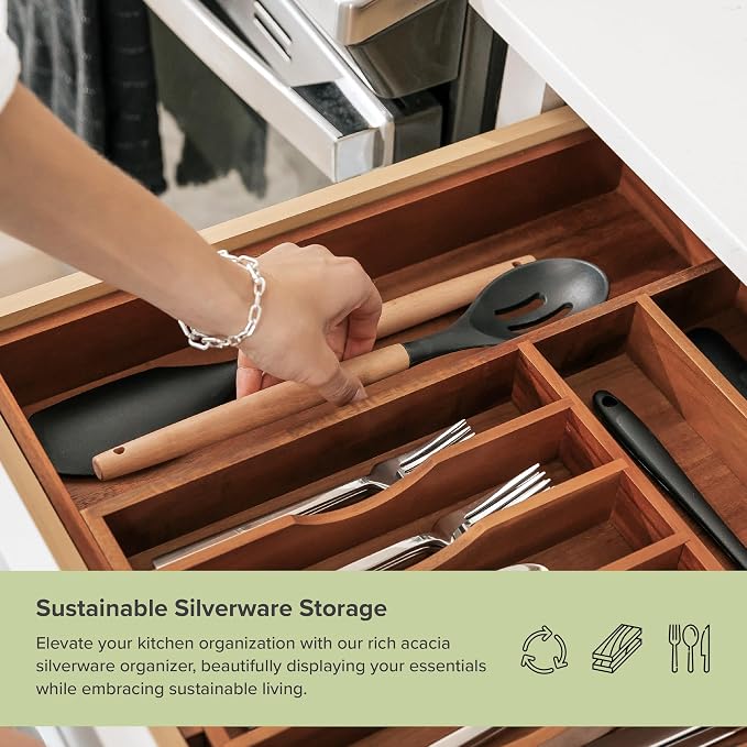 KitchenEdge Silverware & Utensil Drawer Organizer, 10.5-19 in, Acacia | Cutlery, flatware, food-safe contract grade, kitchen drawer fit