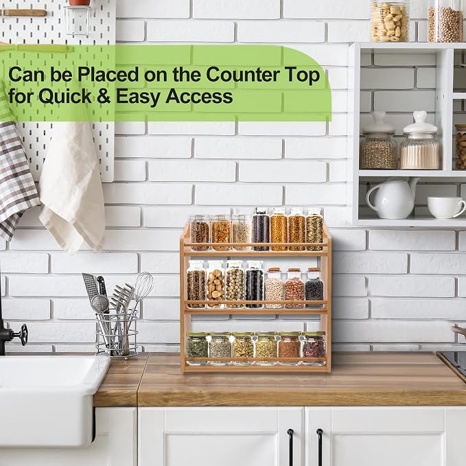 3 Tier Bamboo Spice Rack Wall Mount or Countertop,Spice Organizer | Seasoning Jars Rack Spice Shelf Organizer for Kitchen Counter or Wall Mounting