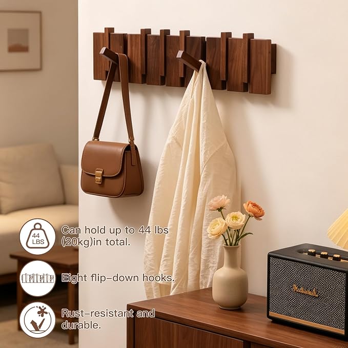 QUELLANCE Wood Coat Rack Wall Mount, Coat Hooks Hanger Wall Mounted, Heavy Duty Wall Coat Rack with 8 Hooks for Hanging Coats/Keys/Hats/Robe&Towels/Plants/Bags, Walnut