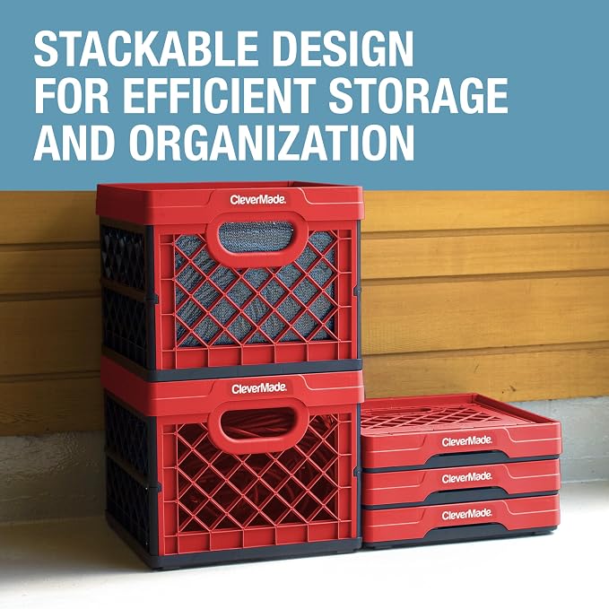CleverMade Collapsible Milk Crate, 25L, 50 lb, Red | Built-in rails hold letter-size hanging files. Interlocking crates stack open or folded and carry up to 50 lb each.