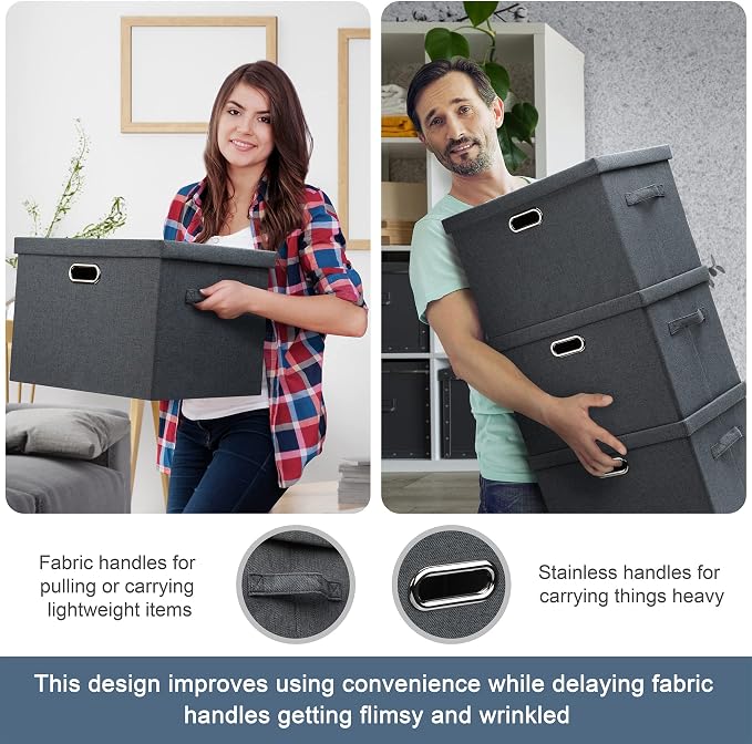Graciadeco Large 17" 36 Quart Collapsible Stackable Storage Bins with Lids, 3 Packs Dark Gray Foldable Fabric Closet Storage Boxes with Lids, Heavy-duty Linen Cube Baskets(17x12x11) | 36 Quart 3 Pack Dark Gray Collapsible Stackable Linen Fabric 4 Handl...