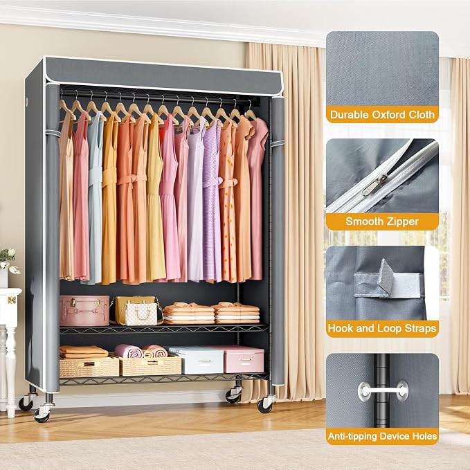 P6C Plus Rolling Clothes Rack with Cover, Covered Clothing Rack | Portable Closets for Hanging Clothes, Heavy Duty Garment Rack on Wheels, Black Closet Rack with Gray Cover, Max Load 375LBS