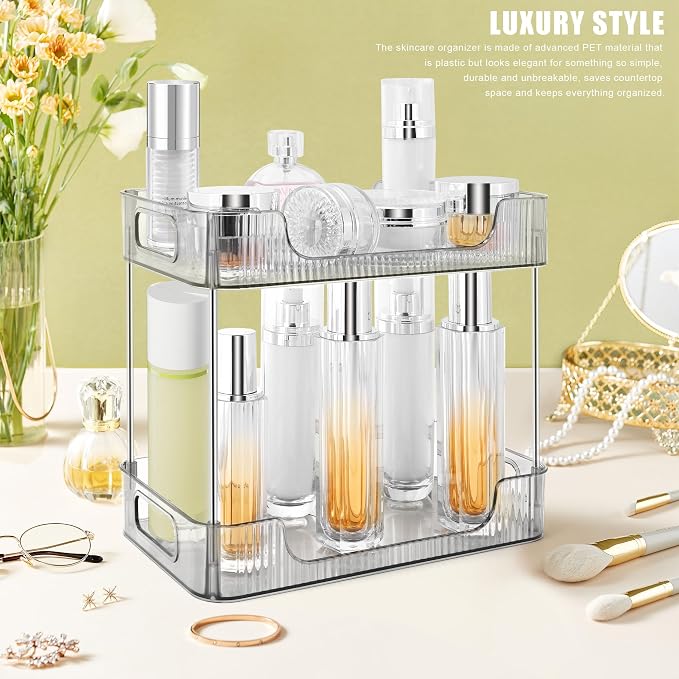2-Tier Bathroom Counter Organizer Countertop Storage, Dresser Organizer Vanity Tray for Makeup, Perfume Organizer Cosmetics Skincare Shelf - Grey
