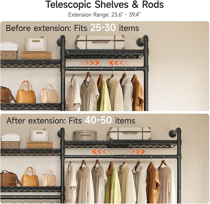 H2 Plus Expandable Wall Mounted Closet System, 3.8FT-5.1FT Closet Organizer with Telescopic Shelves & Adjustable Rods, Industrial Pipe Clothing Rack for Walk-in & Reach-in Closet (Black)