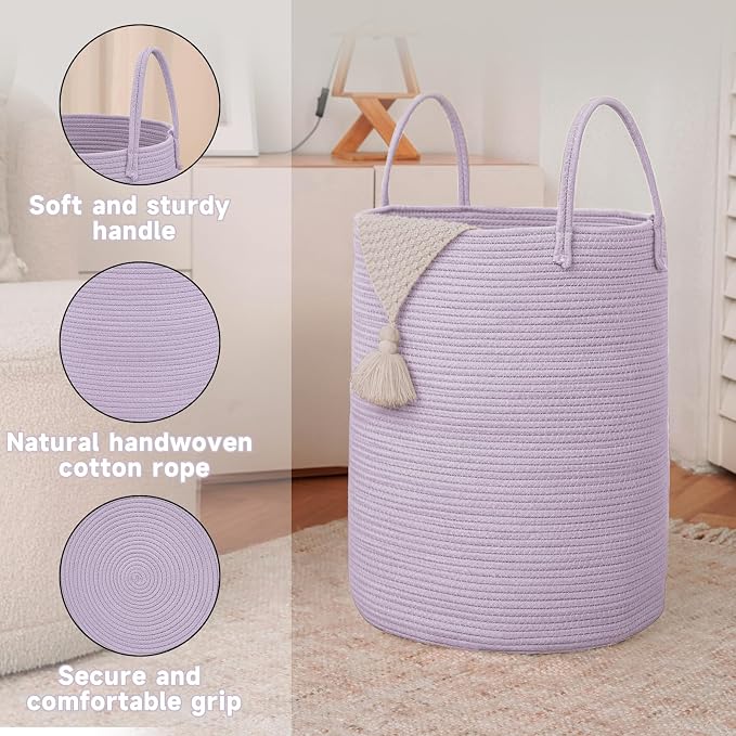 JMvicyroam 60L Cotton Rope Laundry Basket Hamper, Purple | Collapsible laundry basket, reinforced handles, freestanding, machine washable, holds 3-5 thick blankets, clothes or toys