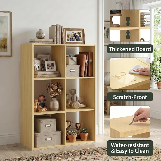 WannabeMyself【Sturdy Build&Easy Assembly】6 Cube Storage Organizer with Anti-Tipping Kits,Reversible Open Back Book Shelf, Bookcase for Living Room,Bedroom,Entrance Hall,Office,24.1×11.4×35.9,Oak Color