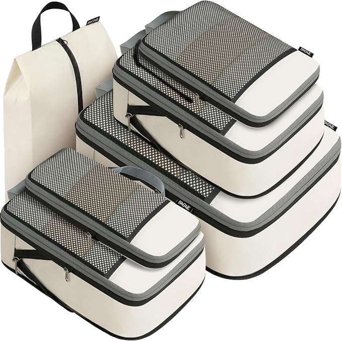BAGAIL 4 Set/6 Set/8 Set Compression Packing Cubes Travel Accessories Expandable Packing Organizers (Half Mesh, 6-Beige)