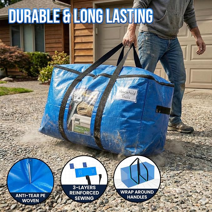 TAILI Extra Large Moving Bags, 8 Pack Blue Heavy Duty Totes For Storage with Visible Window, Wrap Around Handles, Storage Bags for Space Saving, Alternative to Moving Boxes