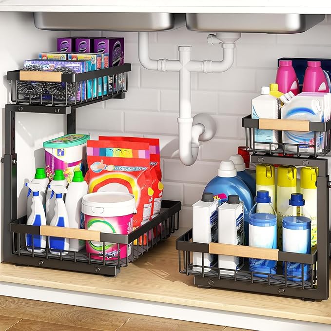 PXRACK Under Sink Organizer, Adjustable Height, 2 Tier Pull Out Under Cabinet Organizer, Slide Out Thickened Metal Under Sink Storage for Kitchen Bathroom Laundry Pantry Cabinet, Black, Large-2-Pack