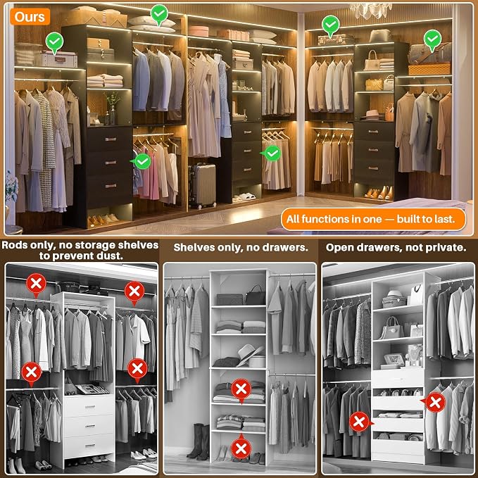 96" Wood Closet System with 3 Enclosed Drawers & 3 Solid Shelves, 8FT Adjustable Closet Organizers and Storage, Heavy Duty Modular Wardrobe for Reach-In & Walk-In, 1000 LBS Load, Black
