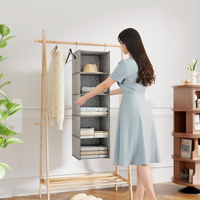 Hanging Closet Organizer 5-Shelf, Oxford Linen Wardrobe Storage, Gray | Easy-mount foldable design holds clothes, handbags, shoes & accessories; washable Oxford fabric, sturdy and space-saving.