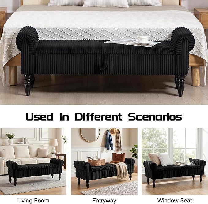 60" Storage Bench for Bedroom,End of Bed Bench with Storage | Corduroy King Size Bench with Rolled Arms,Storage Ottoman Benches for Living Room,Entryway,Benches for Foot of Bed,Black