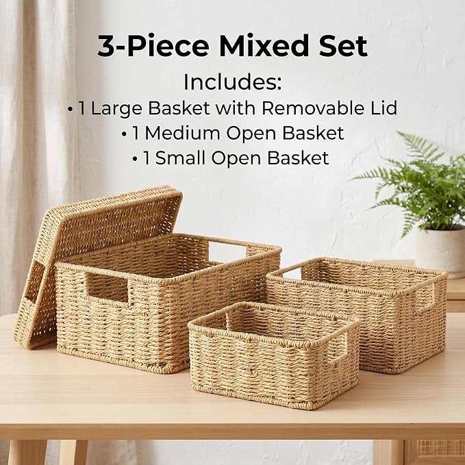 Wicker Storage Basket with Lid for Shelves, 3-Basket Set, Natural | One rectangular wicker basket with lid and two open baskets for decorative shelf storage; removable lid flips into a tray.