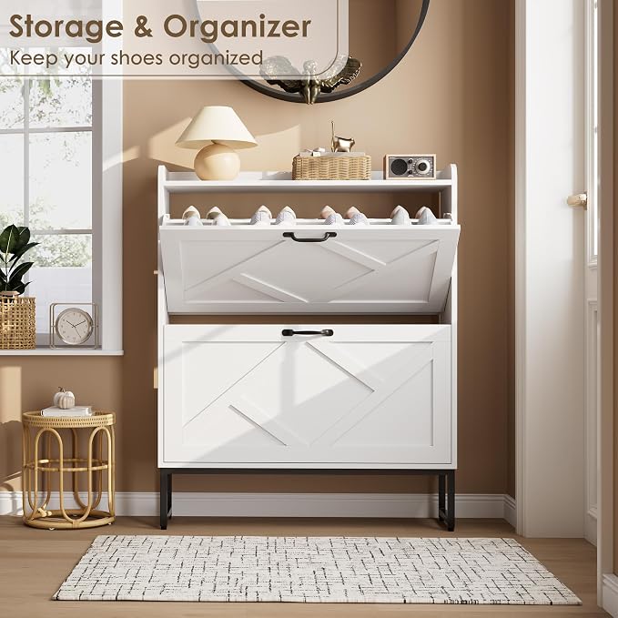 Nicetree Shoe Storage Cabinet with 2 Flip Drawers, Entryway Cabinet, White | Slim Shoe Cabinet with Metal Legs, Narrow Farmhouse Shoe Organizer for Entryway, Foyer, Hallway, Wood Shoe Rack with Hook