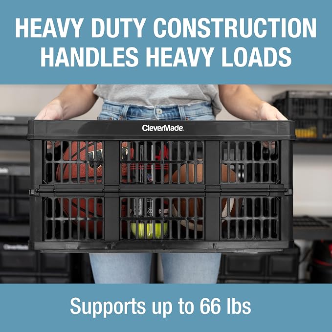 CleverMade Collapsible Utility Crates, 45L, 3 Pack, Obsidian | Interlocking crates stack open or folded and carry 66 lb each. Side handles make groceries, tools, and gear easier to move.