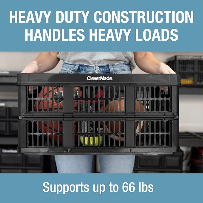 CleverMade Collapsible Utility Crate, 45L, 66 lb, Obsidian | Interlocking crates stack open or folded and carry 66 lb each. Side handles make groceries, tools, and gear easier to move.