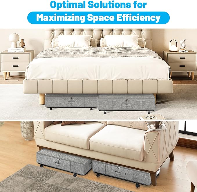 Large Sturdy Under Bed Storage with Wheels, 2 Pack 50L Rolling Underbed Storage Bins, Under Bed Containers Drawer with Metal Bottom Support, Bedroom Organizer with Lids for Clothes, Shoes, Blankets