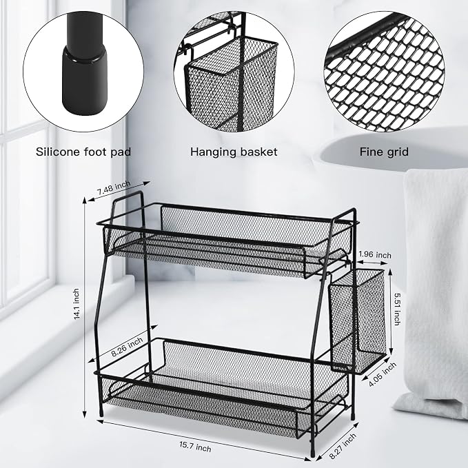 Large Countertop Organizer for Bathroom Counter, Bathroom Organizers and Storage, Under Sink Organizer Spice Rack Organizer for Kitchen with Basket(Black)