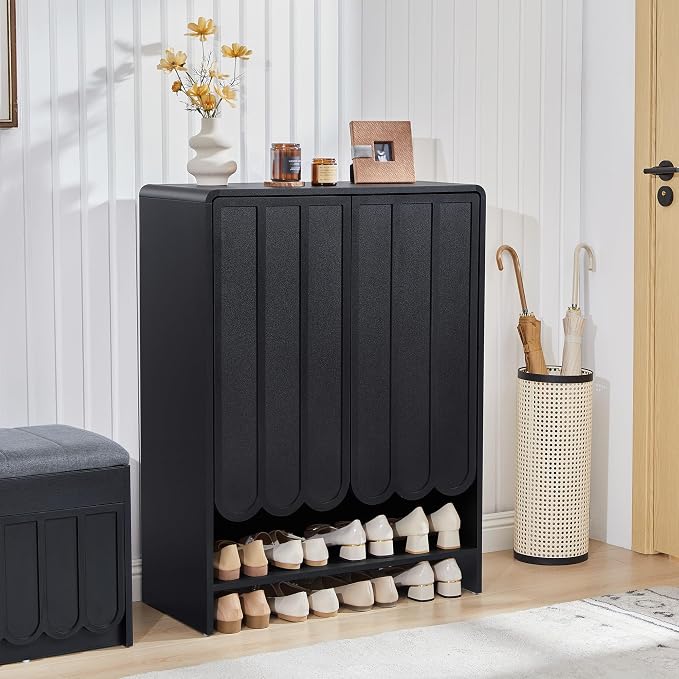 Shoe Storage Cabinet with Scalloped Doors, 5-Tier Wooden Shoe Cabinet with Adjustable Shelves, Shoes Rack Storage Organizer for Entryway, Hallway, Living Room, Black