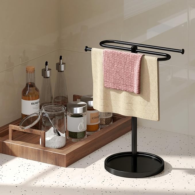 Bethom Hand Towel Holder Stand for Bathroom Countertop,S-Shape Bar,Black | Stainless Steel Hand Towel Racks Standing Holds 2 Towels for Kitchen