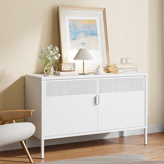 Metal Storage Cabinet with 2 Doors & Adjustable Shelves, White | 25"H Accent Cabinet, Metal Locker Storage Cabinets, TV Stand Cabinet for Home, Office, Living Room, Entryway
