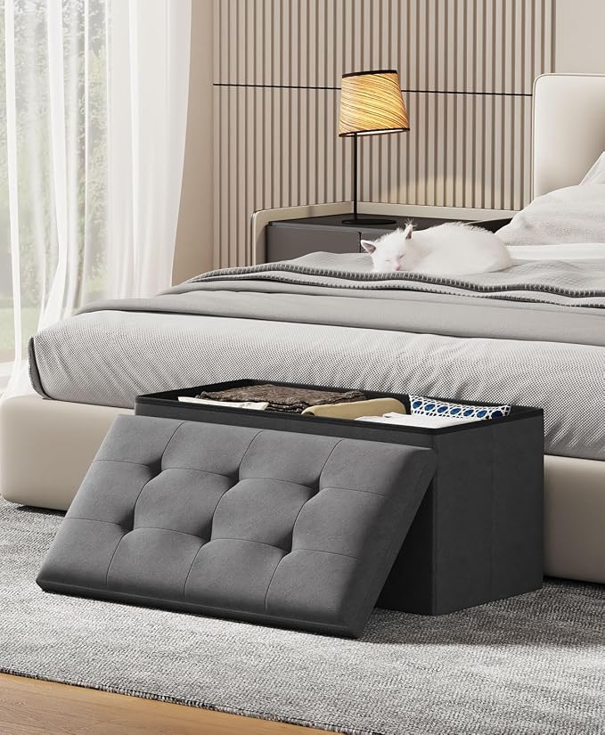 Folding Storage Ottoman Bench, Dark Gray, 30 Inches | Multi-Functional Ottoman Foot Rest, End of Bed Bench, Storage Chest, Living Room, Bedroom, Hallway, Entryway, 600 lb Capacity