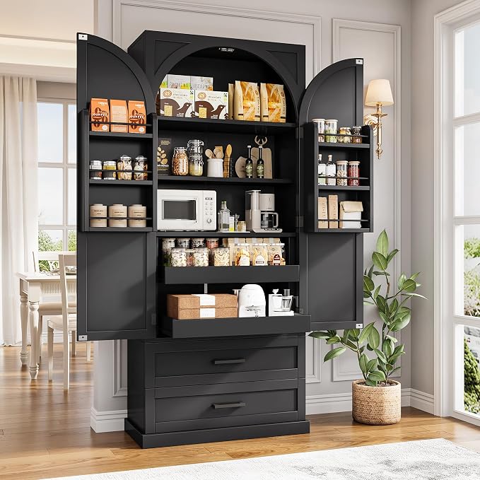 iPormis 71" Tall Kitchen Pantry Storage Cabinet w/Door and Adjustable Shelf & Large Drawers, Freestanding Kitchen Cupboard for Dining Room/Living Room, Black
