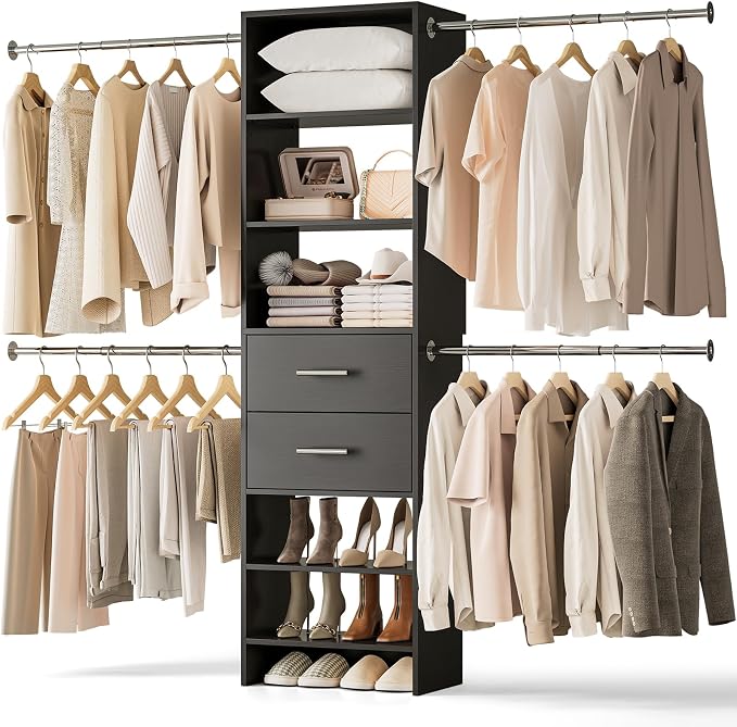 W2 Closet System with 2 Drawers, 3.5FT-7.7FT Closet Organizer System with 4 Chrome-Plated Telescopic Rods & 5 Adjustable Shelves, Custom Wood Walk-In Closet Clothing Rack, Black
