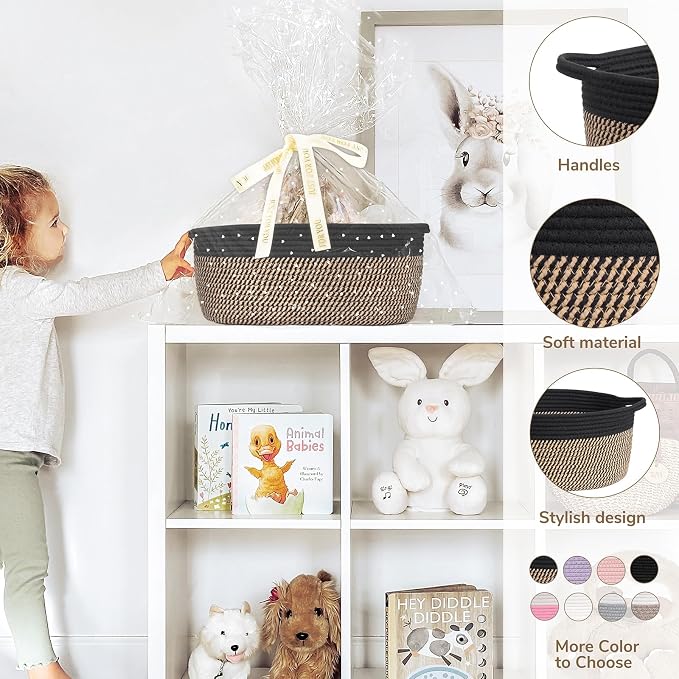 CHICVITA Large Wicker Basket with Bags & Ribbon for Gifts, Black & Jute | 13.6"x 10" x 6" Gift Basket Empty to Fill for Toys Snacks, Rope Baskets for Storage, Cute Basket for Dogs Cats
