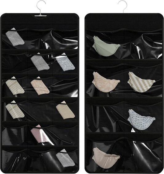 26-Pocket Hanging Closet Organizer for Socks and Underwear, Black | Non-woven clear compartments keep bras & leggings visible; swivel hook fits wardrobe, closet rod, wall, door or shelves.