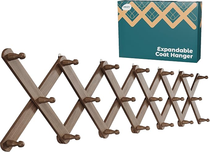 OROPY Accordion Wall Hanger with 20 Pegs, Expandable Wooden Coat & Hat Rack | Walnut Color, Hat Display Rack, X Shape Rack for Coat, Hats, Bags, Baseball Caps, Coffee Mug, Jewelry
