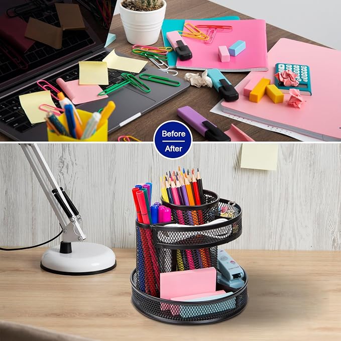 Comix Mesh 360° Rotating Pen Holder, Desk Organizer for Home Office, Black | 5 Compartment Pencil Holder, Sticky Notes Holder, Pen Organizer Office Supplies