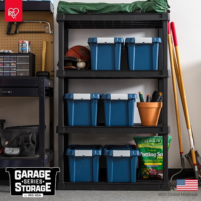 IRIS USA 6-Pack 5 Gal Heavy Duty Lockable Storage Totes with lids, Navy | Built for tools, hardware, emergency supplies and small equipment, Stackable design keeps spaces organized