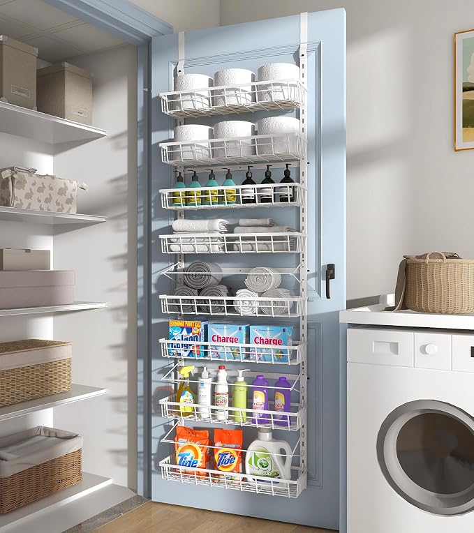 Mefirt Over The Door Pantry Organizer, Wall Mount Spice Rack 8-Tier White | Pantry Hanging Storage and Organization, Adjustable Baskets Heavy-Duty Metal for Home & Kitchen, Back of Door Seasoning Rack