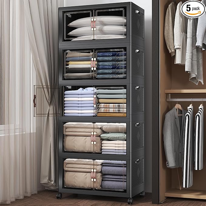Stackable Storage Bins with Lids, 600QT Closet Organizers and Storage Cabinet with Doors & Wheels, Lockable Plastic Foldable Drawers for Bedroom Dorm Office Garage（120QT*5,Black）