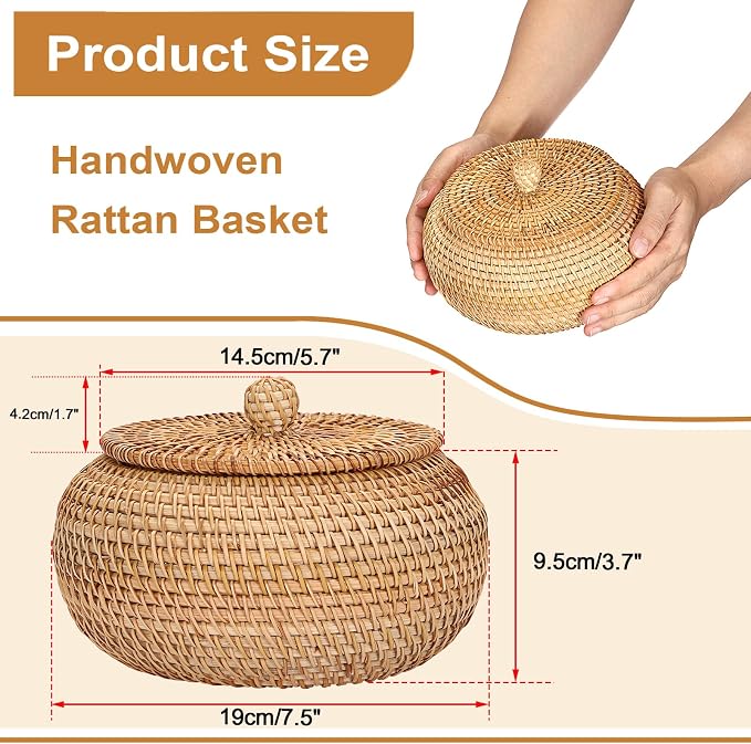 Hipiwe Handwoven Rattan Basket Round Round Wicker Storage Box | Decorative Shelf Baskets Multi-purpose Natural Basket Box for Remote Control Bread Candy Farmhouse Picnic Baskets