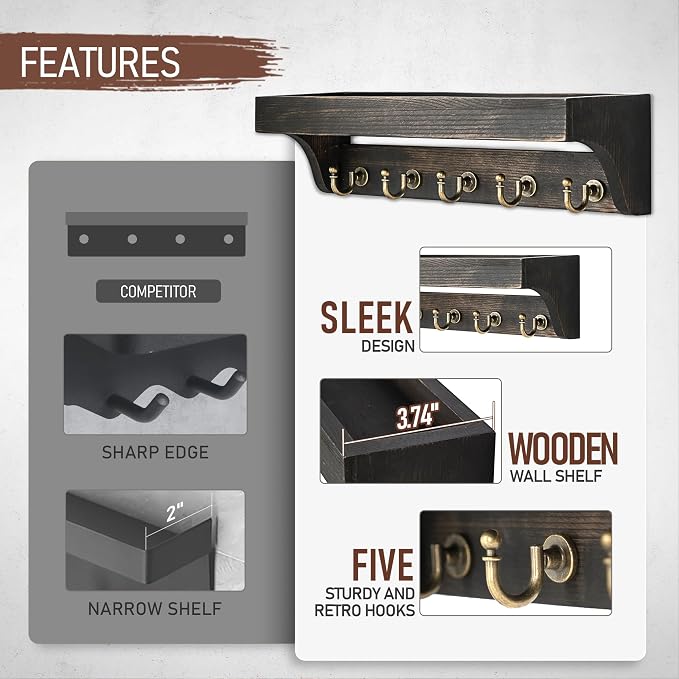 Rebee Vision Key Holder Wall Mount with Shelf for Entryway,Distressed Black | Pine Wood, Key Holder for Wall, Holds Keys and Leashes, Stylish Home and Apartment Organizer, Practical Everyday Storage