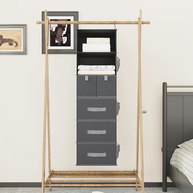 6-Shelf Hanging Closet Organizer with 5 Drawers, Non-Woven, Dark Gray | Spacious compartments sort clothes & undergarments; foldable drawers add hidden storage for closets, wardrobes or RVs.