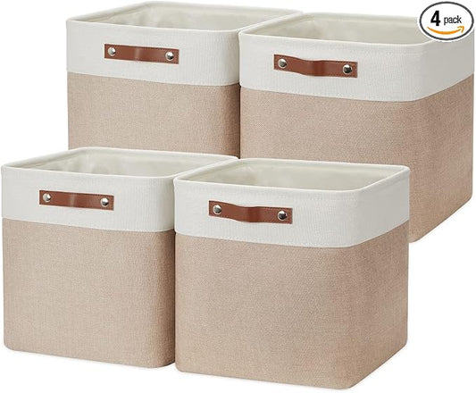 DULLEMELO Fabric Storage Cubes,13 inch Cube Stroage Bins for Empty Gift Basket,Toy Nursery Storage Linen Closet Organizers and Storage Baskets Shelves Bins(White&Khaki)