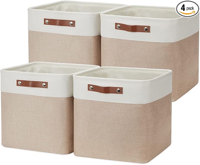 DULLEMELO Cube Storage Bins - 4 Pack Foldable Large Storage Baskets 12 inch Gifts Empty Fabric Bins for Home Office Cubes Organizer Closet, Shelves, Toy, Nursery (4 Pack - 12" White&Khaki)