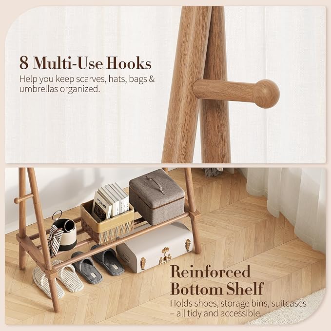 Yoobure Solid Wood Clothes Rack - Heavy Duty Clothing Racks for Hanging Clothes with 8 Hooks, Portable Garment Rack for Dress Shirt Shoe, Freestanding Wardrobe Coat Racks with Shelf for Closet Bedroom